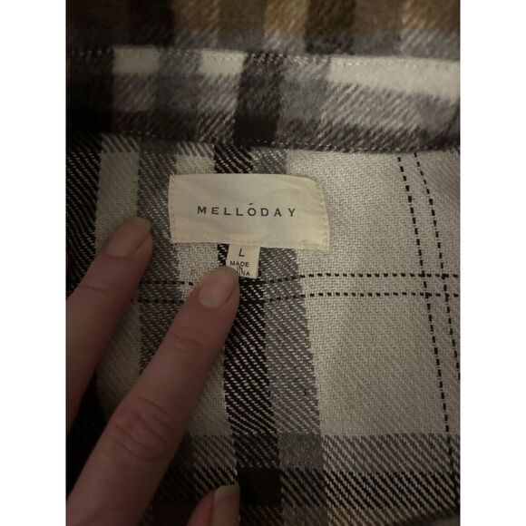 Melloday Cream Brown Tan Plaid Open Front Shacket Flannel Jacket Sz L 114 - Picture 3 of 3